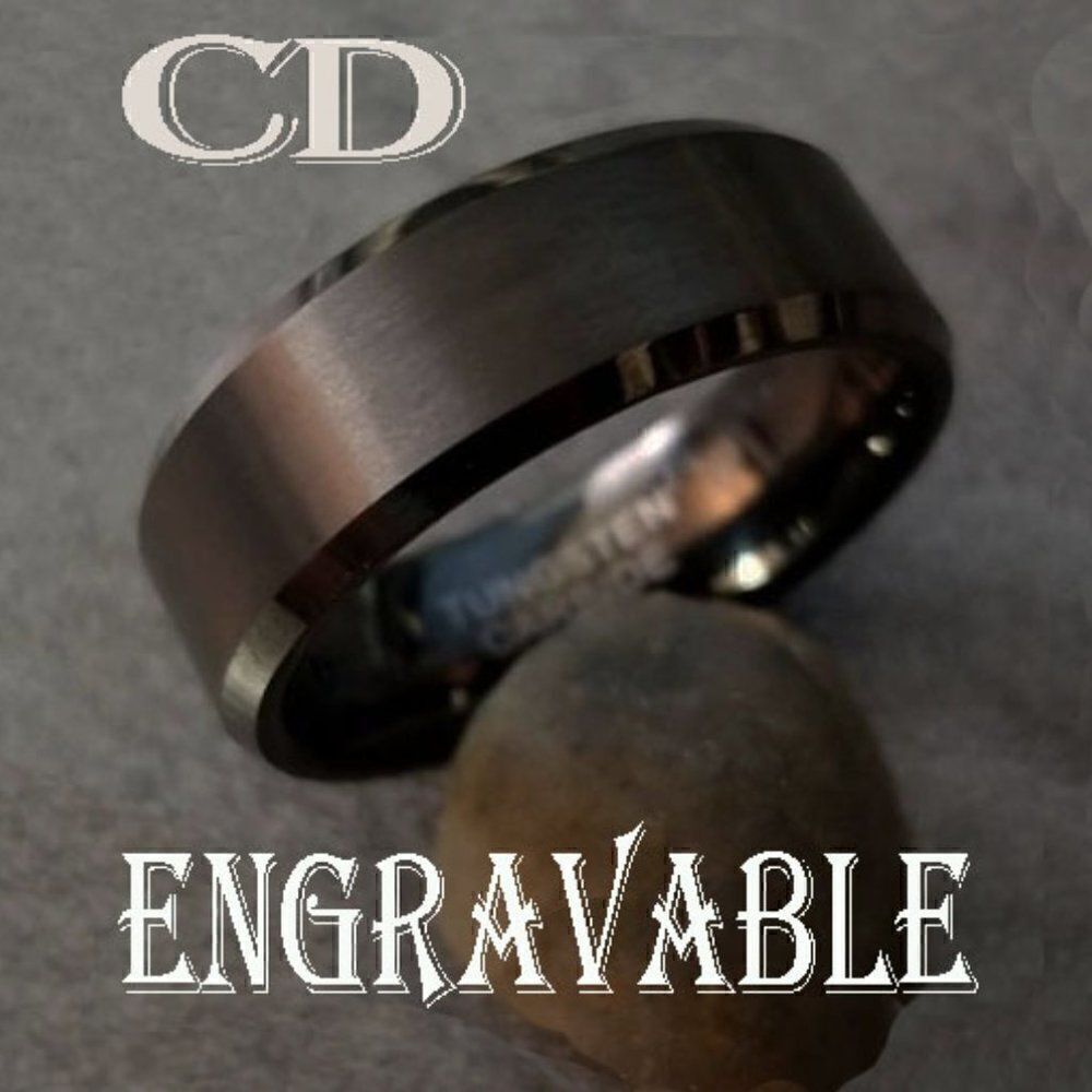 Engraved Men's Real Matte Black Tungsten Wedding Ring  Durable Black Powder Coat